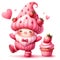 Cute Gnome Cupcake Strawberry Valentine\\\'s Day Clipart Illustration AI Generative