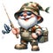 Cute Gnome Fisherman Wearing Camouflage Watercolor Clipart Illustration AI Generative