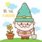 Cute Gnome Garden elf cartoon with flower pot and sunshine Gardener Spring season