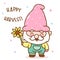 Cute Gnome Garden elf cartoon holding Sunflower Gardener Spring season.