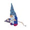 Cute gnome is holding an electric iron in his hands and is going to iron clothes.