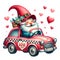 Cute Gnome Love Taxi Valentine Watercolor Clipart Illustration AI Generative