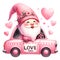 Cute Gnome Love Taxi Valentine Watercolor Clipart Illustration AI Generative