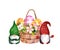 Cute gnomes, colored eggs, spring flowers in basket. Watercolor with cherry blossom floral design for egg hunt