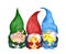 Cute gnomes with Easter bunny, small chick, colored egg in hands. Watercolor illustration