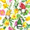 Cute gnomes in spring flowers - crocus, tulips, narciccus, hyacinth. Floral seamless pattern. Watercolor with grass