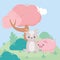 Cute goat sitting and pig tree bushes grass cartoon animals in a natural landscape