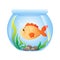 Cute gold fish in glass bowl aquarium with stones and green plants