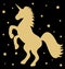 Cute gold unicorn silhouette with stars on black background illustration