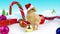 Cute gold young rooster with Christmas decoration and snowfall