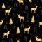 Cute golden deer fire trees and white dots on black background. Seamless repeat christmas pattern for print or textile design.