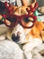 Cute golden dog in christmas festive glasses lying on owner bed  in stylish room. Happy holidays. Festive pets. Funny dog in