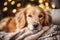 Cute golden retriever dog on carpet. Family relax time. Winter Christmas holidays. Atmospheric moments lifestyle