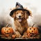 a cute golden retriever dressed in an original Halloween costume hat