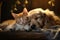 Cute Golden Retriever puppy sleeping with tabby cat, Cat and dog sleeping together, AI Generated