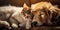 Cute Golden Retriever puppy sleeping with tabby cat, Generative AI illustrations