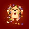 Cute golden tiger is wrapped in multicolored sparkling garland. Joyful tiger welcomes coming 2022 new year. Funny symbol