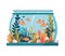 Cute goldfish swim in ornate fishbowl underwater