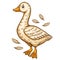 Cute goose, duck farm water bird, gosling poultry, flying feather quills icon. Duckling or swan cartoon character. Vector