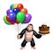 Cute Gorilla cartoon character with balloon and cake