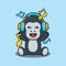 Cute gorilla listening music with headphone cartoon vector illustration.