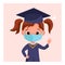 Cute graduate girl in medical mask, academic cap and mantle celebrating kindergarten or school graduation online