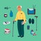 Cute grandfather walking with a stick and some elderly items on a green background. Flat style Vector illustration..