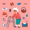 Cute grandmother walking with a walker and some elderly items on a pink background. Flat style Vector illustration