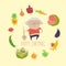Cute granny farmer with funny vegetables