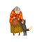 Cute granny playing with her black cat, lonely old lady and her animal pet vector Illustration on a white background.