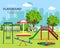 Cute graphic children playground set: swings, children`s slide, carousel, sandbox, bench, bicycle, trees and city background.
