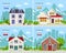 Cute graphic private houses with city landscape and stylish houses with rocky mountains backdrop.