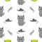 Cute gray cartoon cat. Bowl, fish bone, mouse toy. Funny smiling character. Contour Isolated. Seamless Pattern White background.