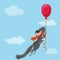 Cute gray chinchilla in a red scarf with chocolate flies on a red balloon on blue sky