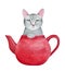 Cute gray kitty character in basic red ceramic tea pot.