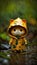 Cute gray kitty, kitten, cat with big eyes in yellow raincoat, coat, boots on the forest floor.