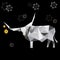 Cute gray metal bull with large horns made of triangles on a black background with gray snowflakes.