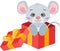 Cute gray mouse going out of red gift open