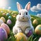 A cute gray rabbit sits on the grass next to Easter colored eggs