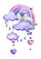 A cute gray stitched bunny lies and sleeps on a clouds with rainbow, garland flags, hearts hanging on ropes with bows