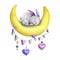 A cute gray stitched bunny lies and sleeps on a yellow moon with the garland flags, hearts hanging on ropes with bows