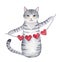 Cute gray striped smiling cat holding red heart paper bunting decor.