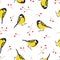Cute Great Tit bird and a branch. Vector pattern