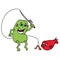 cute green alien catches a red fish with a rod and a worm, isolated vector image, on a white background