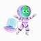 Cute green alien flying in an astronaut suit on white background.