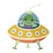 cute green alien sits in a flying saucer and waves his hand in greeting, cartoon illustration, isolated object on a white