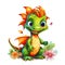 Cute green baby Dragon with flowers on white background. Symbol of 2024 year. AI generative