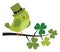 Cute Green Bird Wearing St. Patrick Hat Sitting on Shamrock Branch. Vector St. Patrick Bird