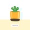 Cute green cactus standing on a table top, front view with a space for a text. Home plant in pots. Flower icon in a flat style
