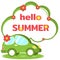 Cute green car and speech bubble in form of cloud with inscription Hello Summer. Summer travel hitchhiking. Family trips